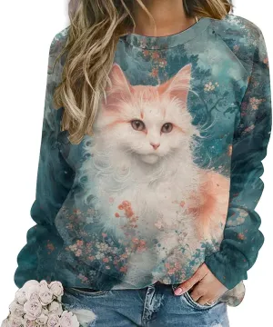 Cat Sweatshirts for Women Cute Cat Sweater Graphic Crewneck Sweatshirts Oversized Novelty Funny Sweatshirts Sweater
