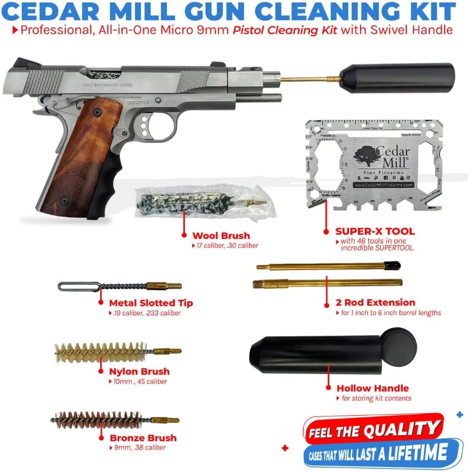 Cedar Mill Fine Firearms Micro 9mm Gun Cleaning Kit - Pistol Gun Cleaning Kits - Gun Cleaning Accessories & Supplies - Firearm Cleaning Kit - 2 Rods & 3 Clean Brushes - Includes Free X-Tool