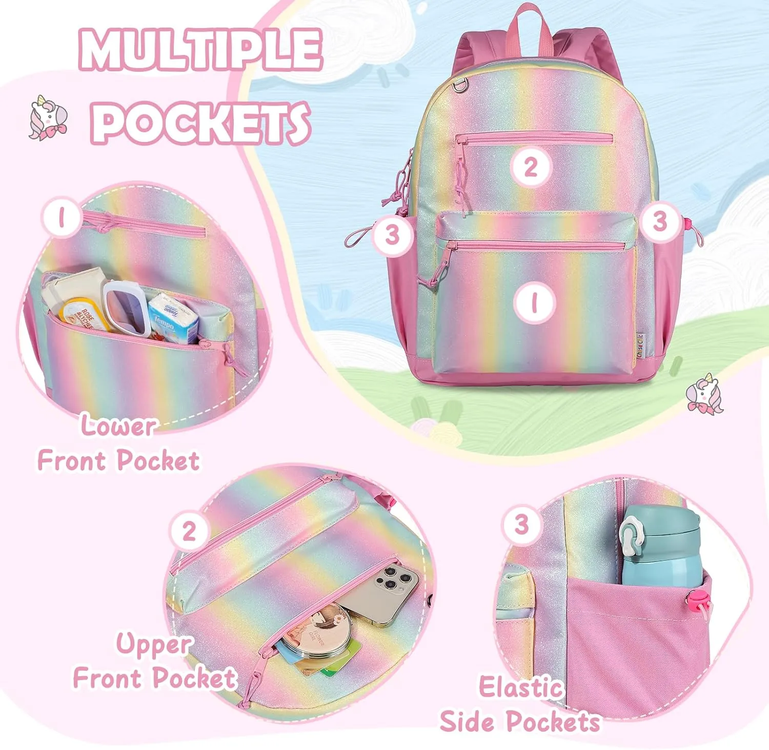 Chase Chic Toddler Backpacks for Girls, 15 Inch Preschool Kindergarten Backpack for Kids 3-8,Small Cute Toddler Bag with Chest Strap for Daycare Travel（Rainbow）