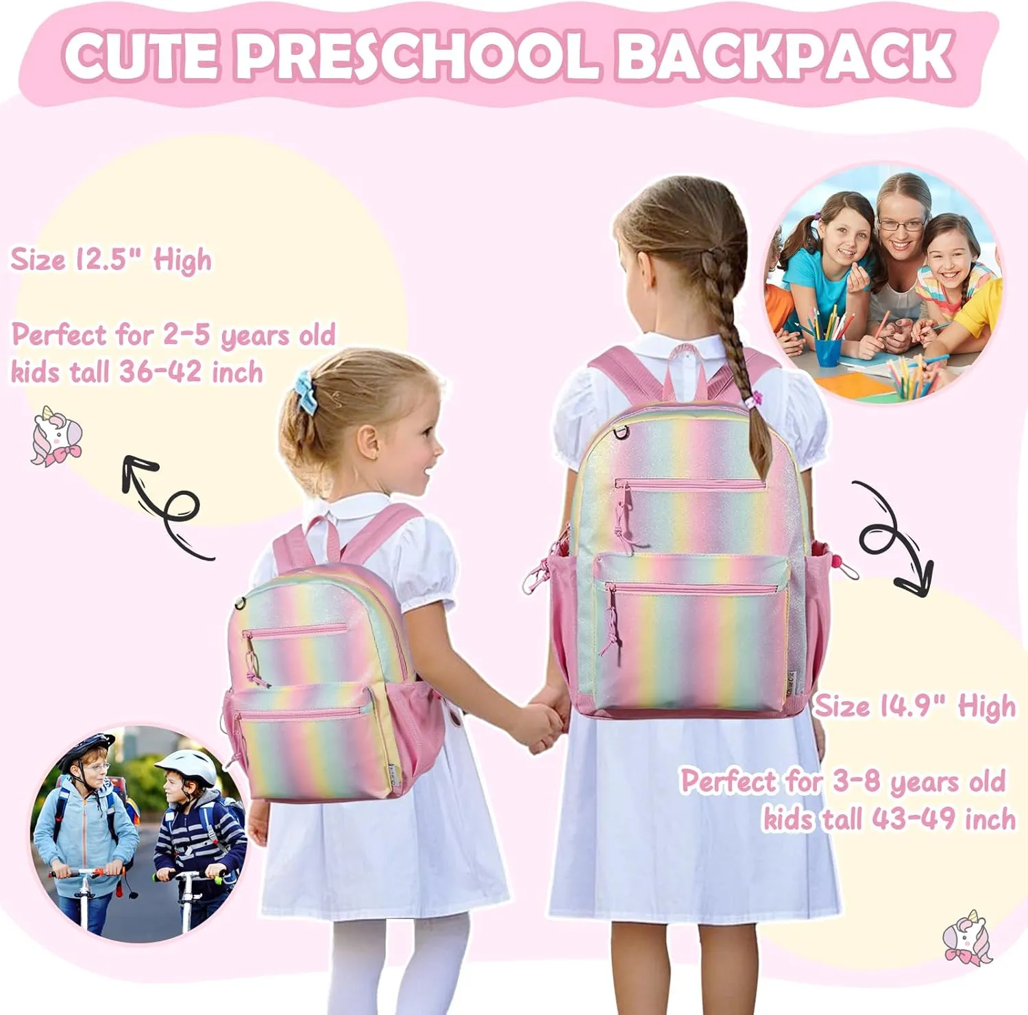 Chase Chic Toddler Backpacks for Girls, 15 Inch Preschool Kindergarten Backpack for Kids 3-8,Small Cute Toddler Bag with Chest Strap for Daycare Travel（Rainbow）