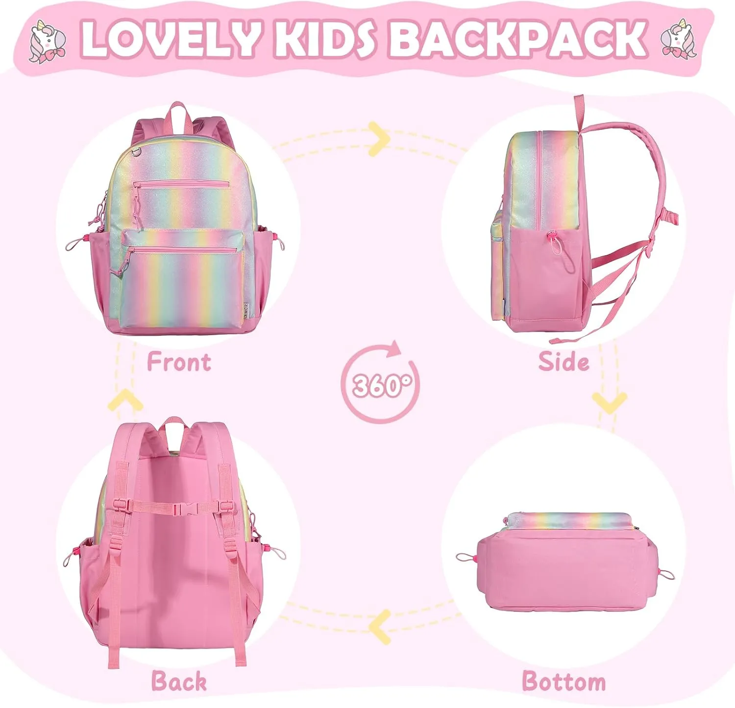 Chase Chic Toddler Backpacks for Girls, 15 Inch Preschool Kindergarten Backpack for Kids 3-8,Small Cute Toddler Bag with Chest Strap for Daycare Travel（Rainbow）