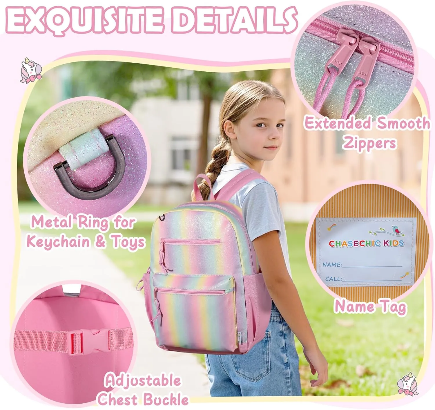 Chase Chic Toddler Backpacks for Girls, 15 Inch Preschool Kindergarten Backpack for Kids 3-8,Small Cute Toddler Bag with Chest Strap for Daycare Travel（Rainbow）