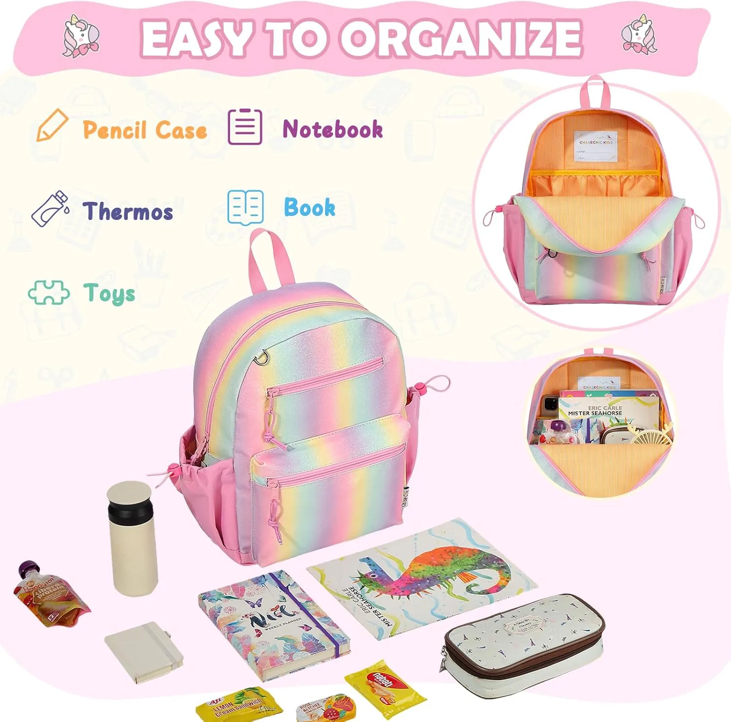 Chase Chic Toddler Backpacks for Girls, 15 Inch Preschool Kindergarten Backpack for Kids 3-8,Small Cute Toddler Bag with Chest Strap for Daycare Travel（Rainbow）