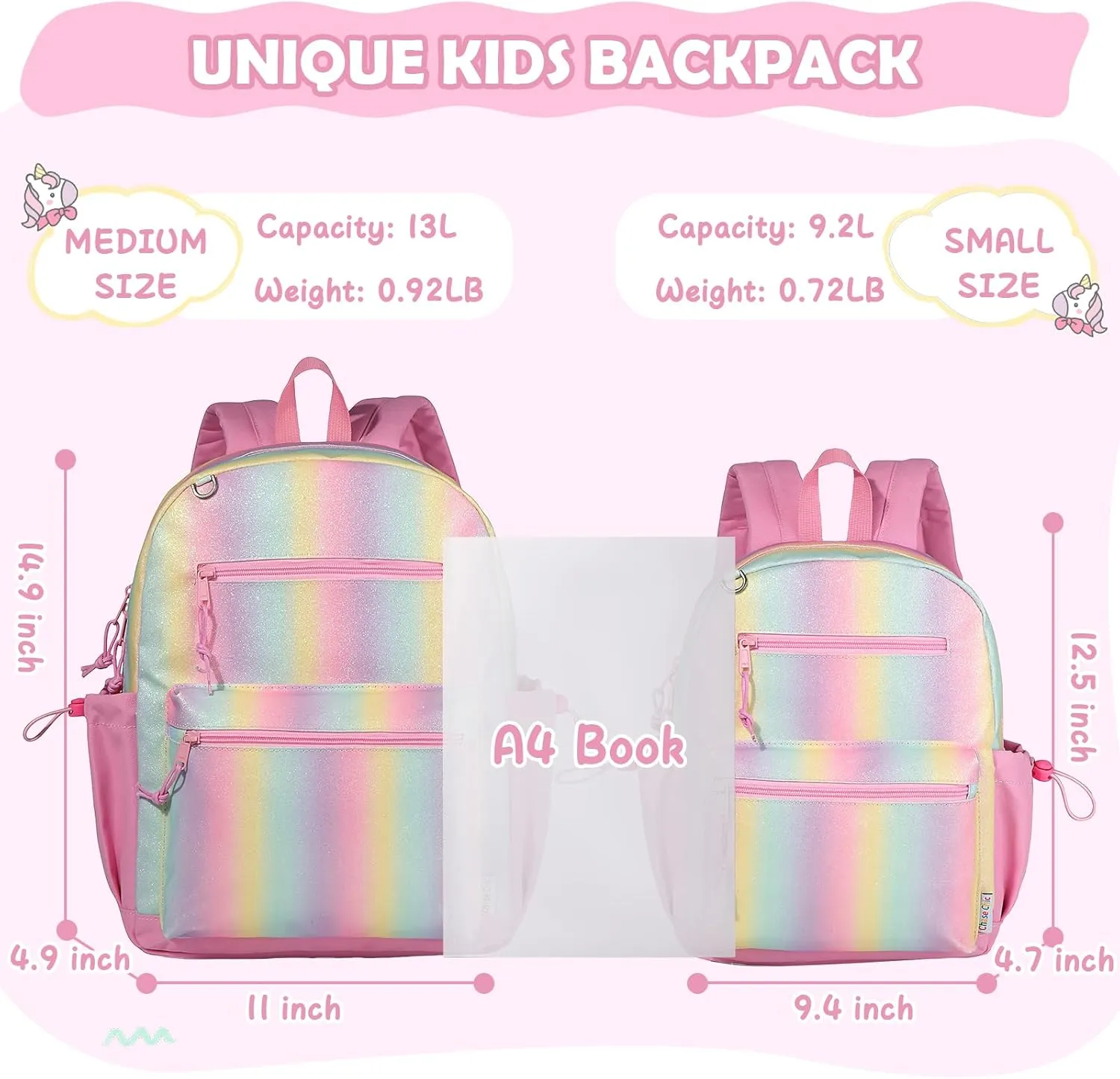 Chase Chic Toddler Backpacks for Girls, 15 Inch Preschool Kindergarten Backpack for Kids 3-8,Small Cute Toddler Bag with Chest Strap for Daycare Travel（Rainbow）