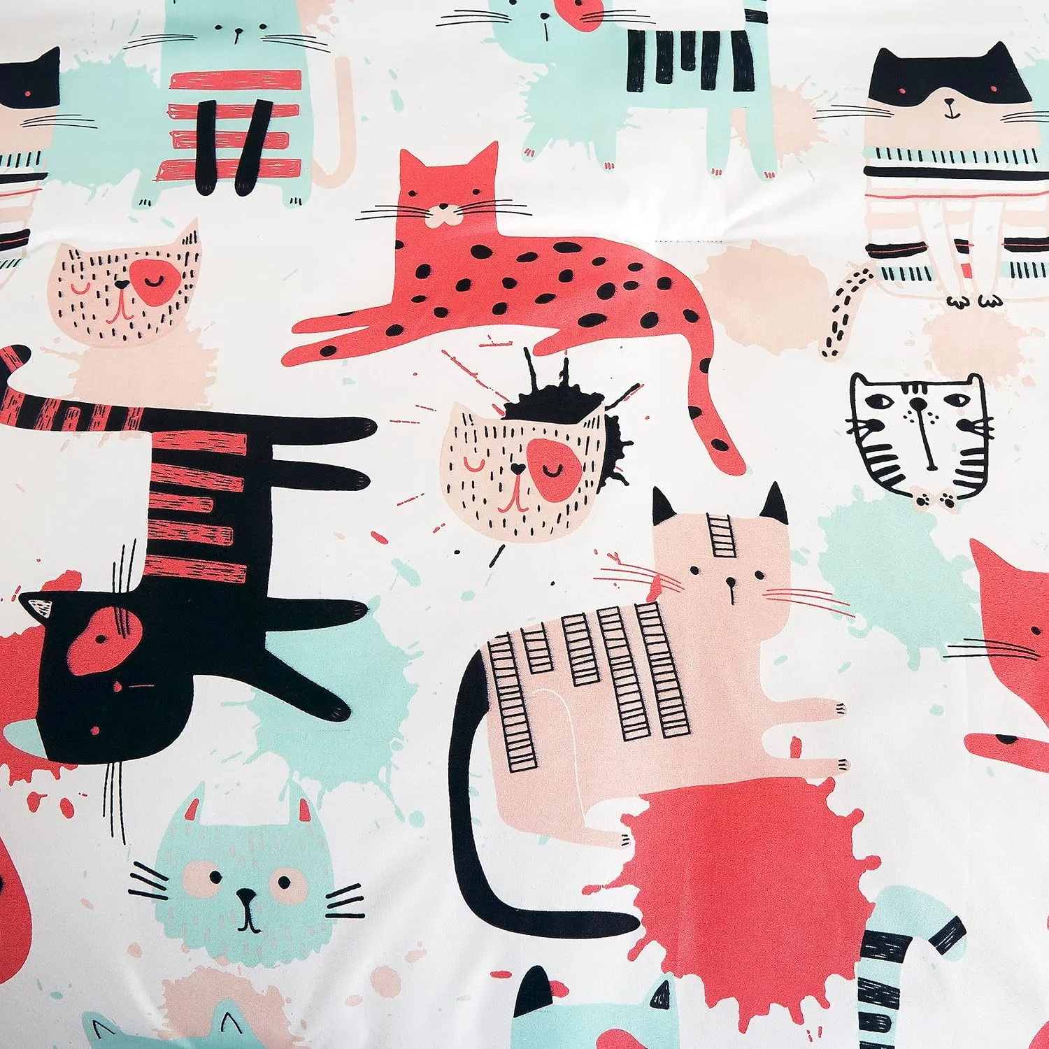 Chezmoi Collection 4-Piece Cartoon Cats Bedding Set Full/Queen Size - Blue Pink Black Soft Microfiber Comforter Set w/Cat Throw Pillow for Kids Teens