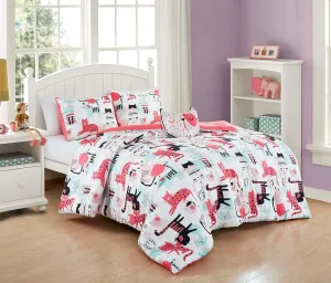 Chezmoi Collection 4-Piece Cartoon Cats Bedding Set Full/Queen Size - Blue Pink Black Soft Microfiber Comforter Set w/Cat Throw Pillow for Kids Teens