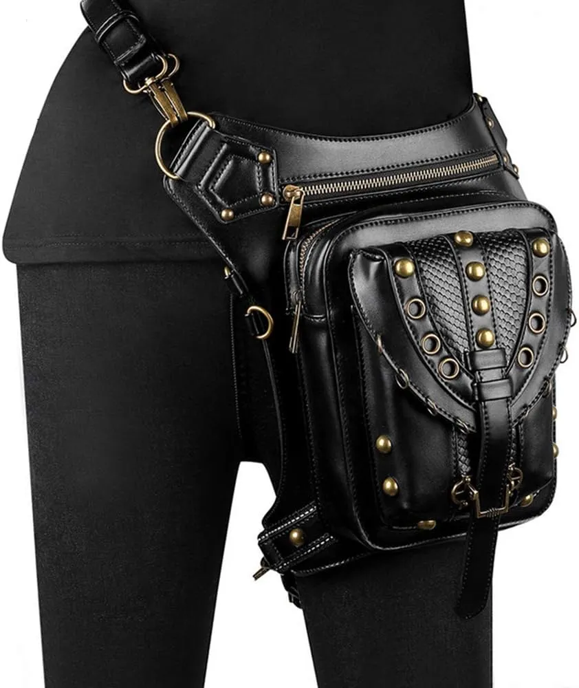 Chikencall Gothic Steampunk Waist Bag Drop Leg Arm Bag Pack Waist Shoulder Fanny Packs Purse Pouch Bag (Black-B)