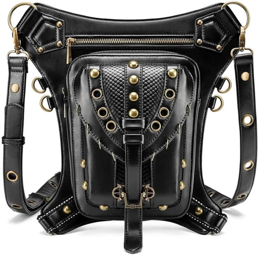 Chikencall Gothic Steampunk Waist Bag Drop Leg Arm Bag Pack Waist Shoulder Fanny Packs Purse Pouch Bag (Black-B)