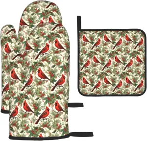 Christmas Red Bird Pine Branch Decor, Christmas Red Bird Pine Branch Oven Mitts and Pot Holders Sets, Cookie Bag Kitchen Cooking Baking BBQ Gloves 3pcs