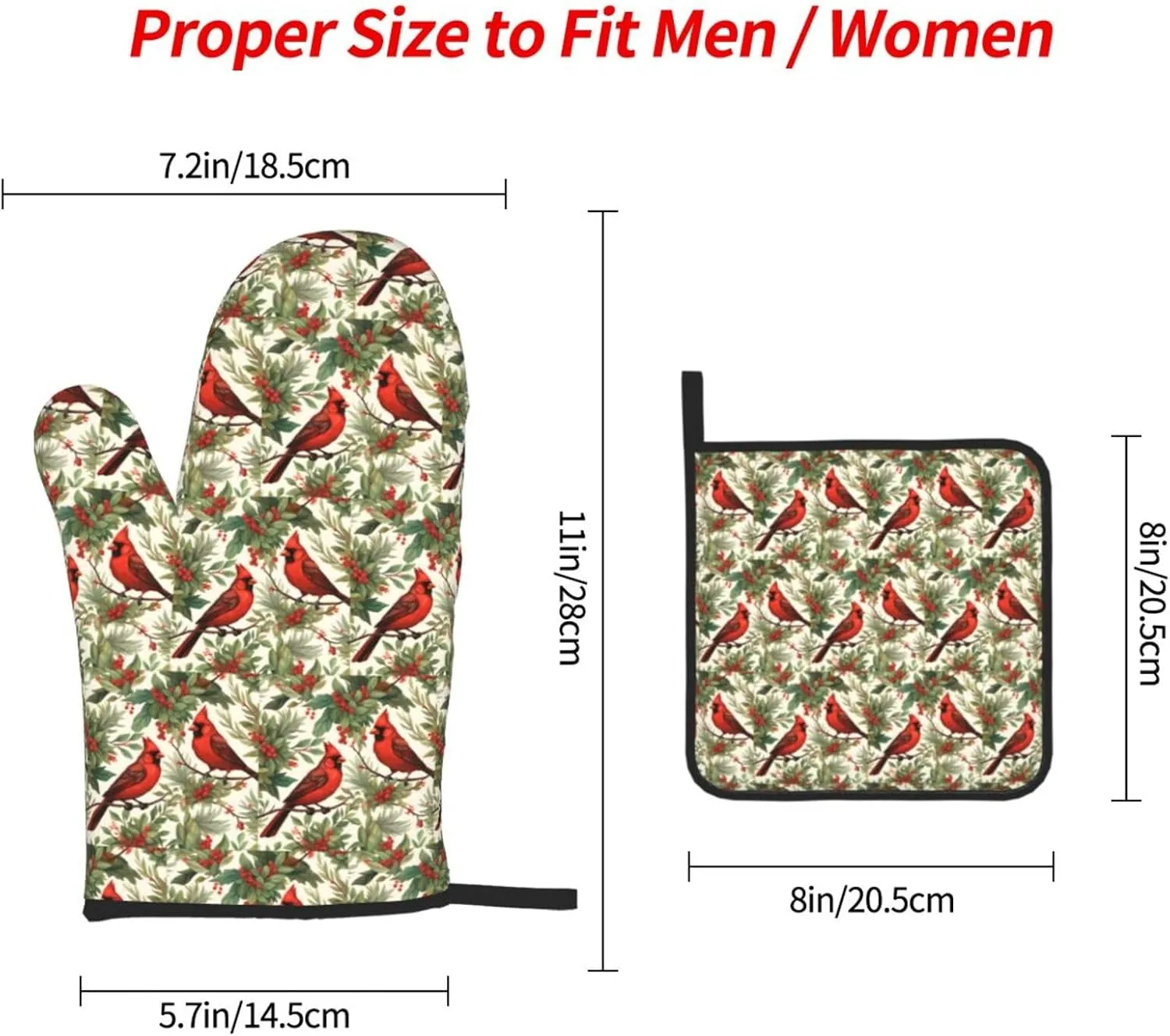 Christmas Red Bird Pine Branch Decor, Christmas Red Bird Pine Branch Oven Mitts and Pot Holders Sets, Cookie Bag Kitchen Cooking Baking BBQ Gloves 3pcs