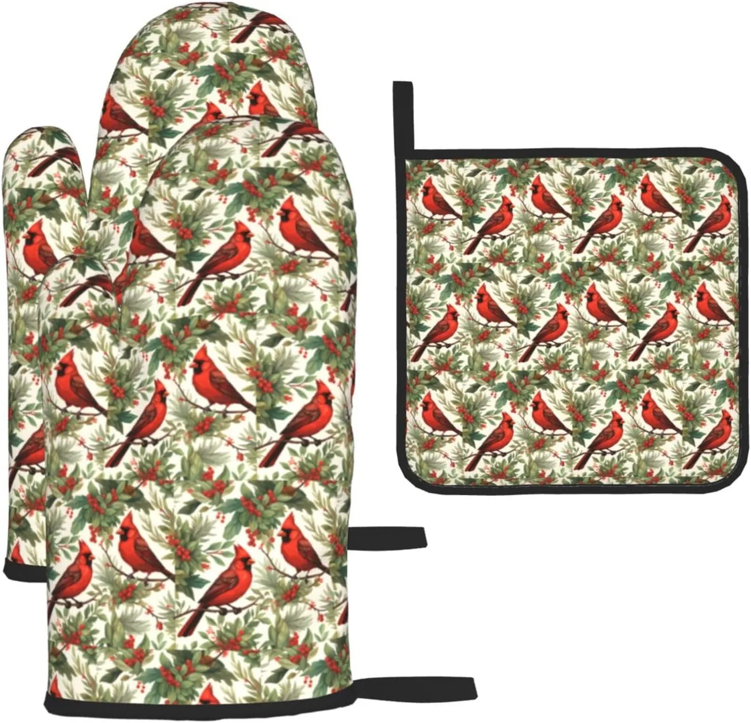 Christmas Red Bird Pine Branch Decor, Christmas Red Bird Pine Branch Oven Mitts and Pot Holders Sets, Cookie Bag Kitchen Cooking Baking BBQ Gloves 3pcs