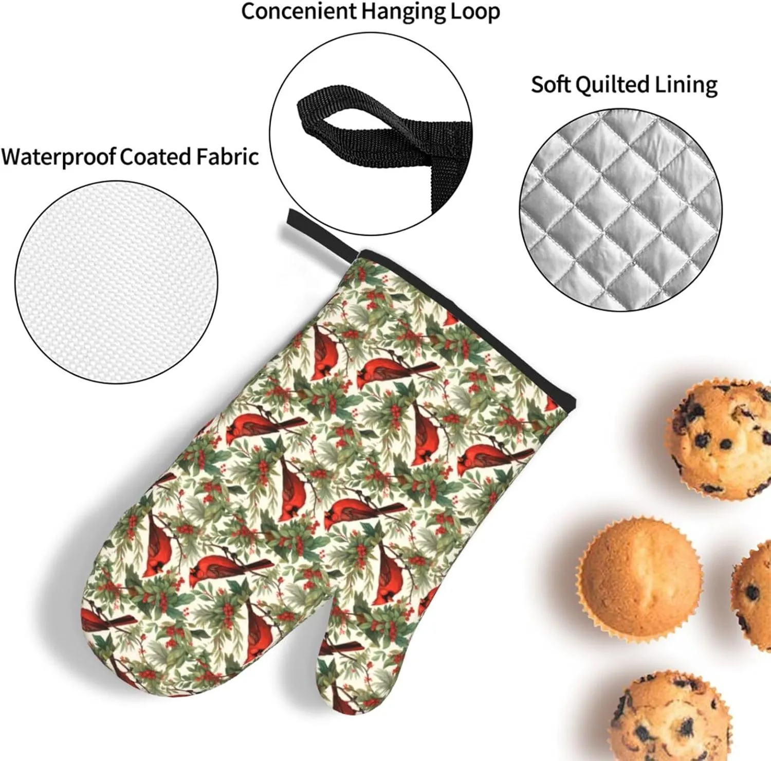 Christmas Red Bird Pine Branch Decor, Christmas Red Bird Pine Branch Oven Mitts and Pot Holders Sets, Cookie Bag Kitchen Cooking Baking BBQ Gloves 3pcs