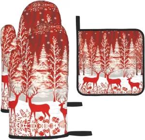 Christmas Reindeer Fir Spruce Snowflakes Decor, Christmas Reindeer Fir Spruce Snowflakes Oven Mitts and Pot Holders Sets, Cookie Bag Kitchen Cooking Baking BBQ Gloves 3pcs