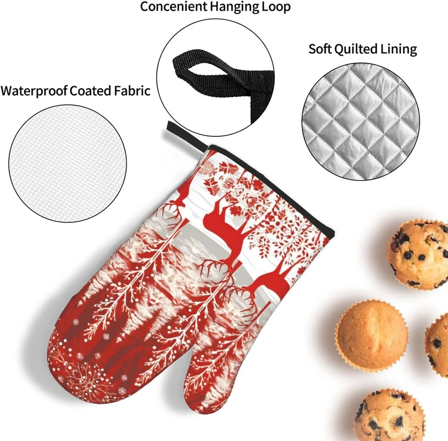 Christmas Reindeer Fir Spruce Snowflakes Decor, Christmas Reindeer Fir Spruce Snowflakes Oven Mitts and Pot Holders Sets, Cookie Bag Kitchen Cooking Baking BBQ Gloves 3pcs