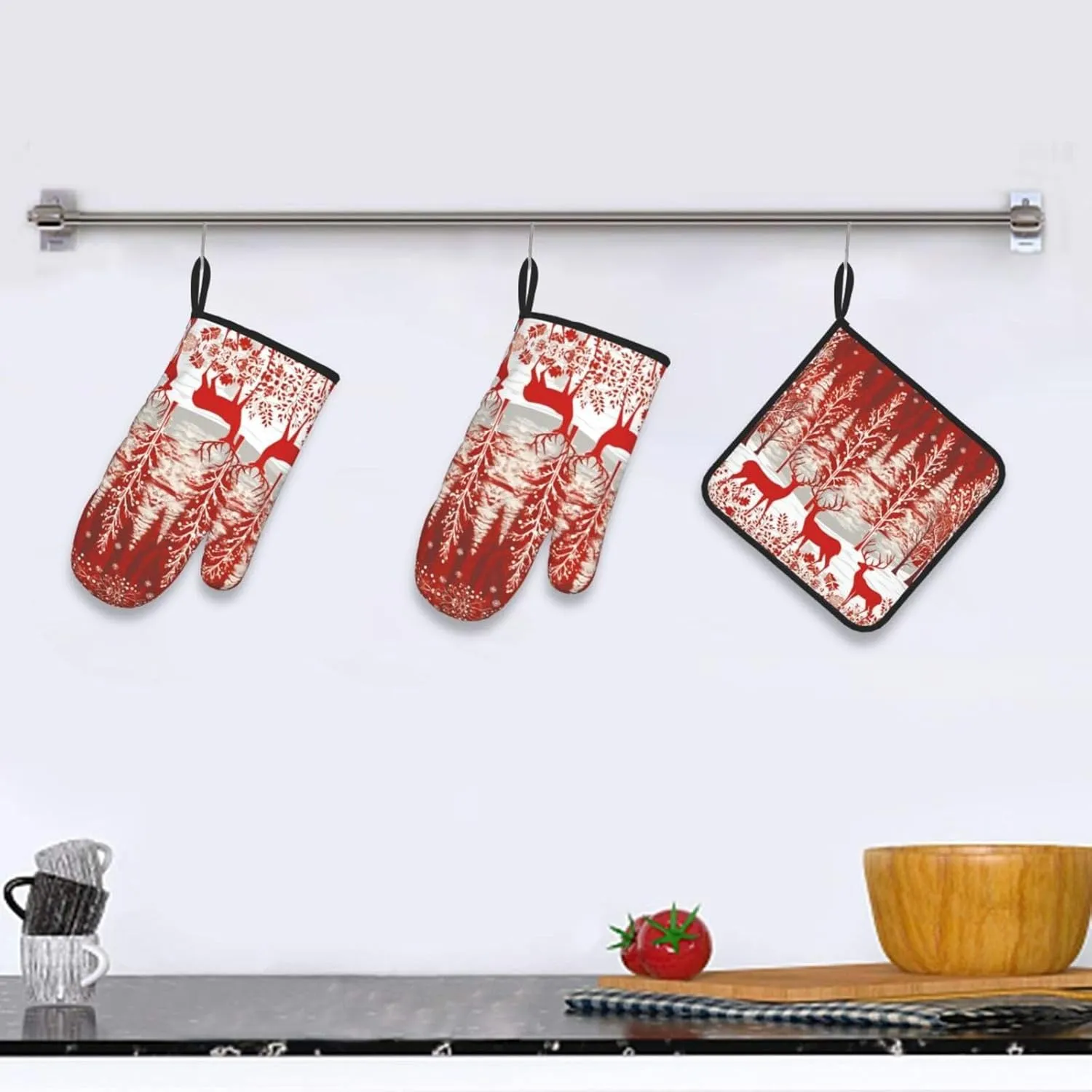 Christmas Reindeer Fir Spruce Snowflakes Decor, Christmas Reindeer Fir Spruce Snowflakes Oven Mitts and Pot Holders Sets, Cookie Bag Kitchen Cooking Baking BBQ Gloves 3pcs