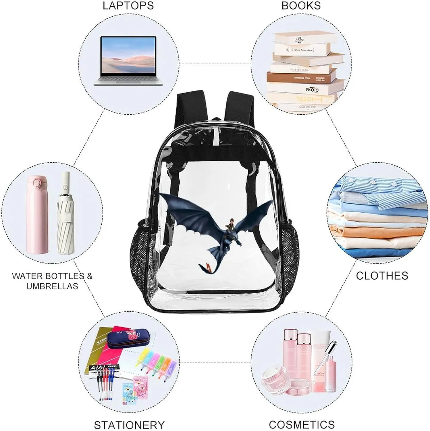 Clear Backpack Heavy Duty PVC Transparent Cartoon Dragon Backpack 17" Large Capacity See Through Bag for Work