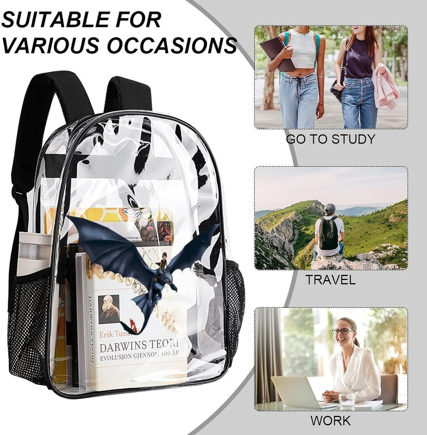 Clear Backpack Heavy Duty PVC Transparent Cartoon Dragon Backpack 17" Large Capacity See Through Bag for Work