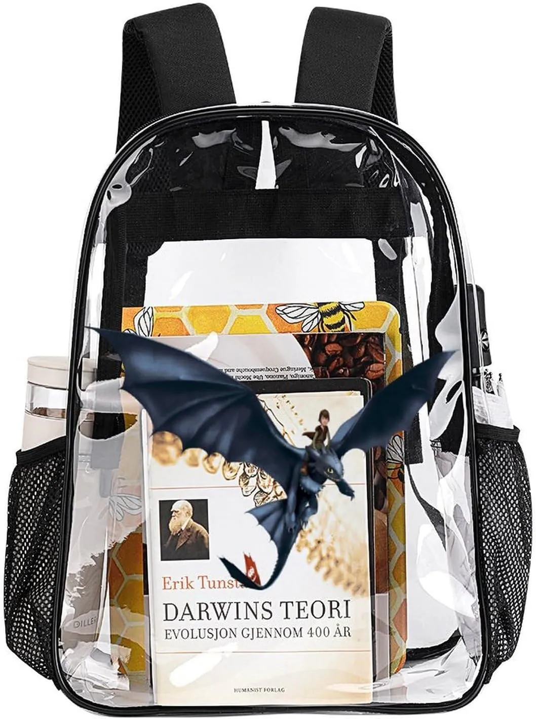 Clear Backpack Heavy Duty PVC Transparent Cartoon Dragon Backpack 17" Large Capacity See Through Bag for Work