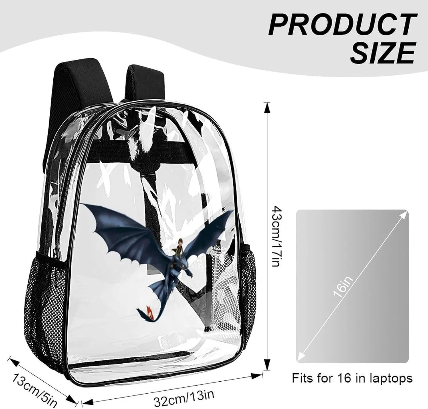 Clear Backpack Heavy Duty PVC Transparent Cartoon Dragon Backpack 17" Large Capacity See Through Bag for Work