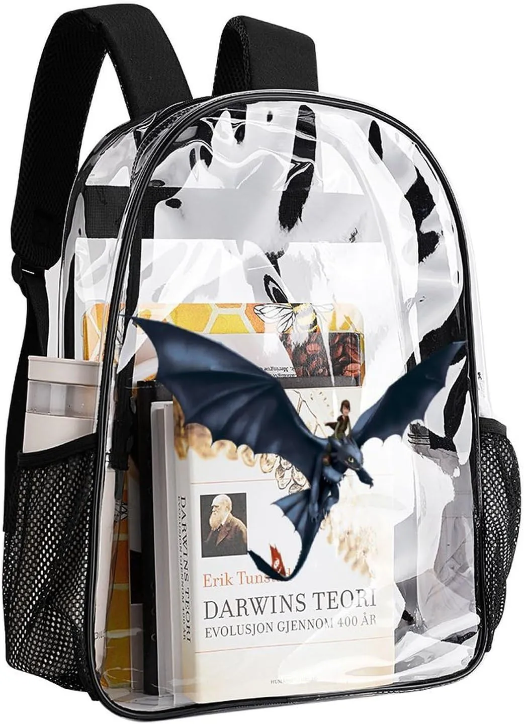 Clear Backpack Heavy Duty PVC Transparent Cartoon Dragon Backpack 17" Large Capacity See Through Bag for Work