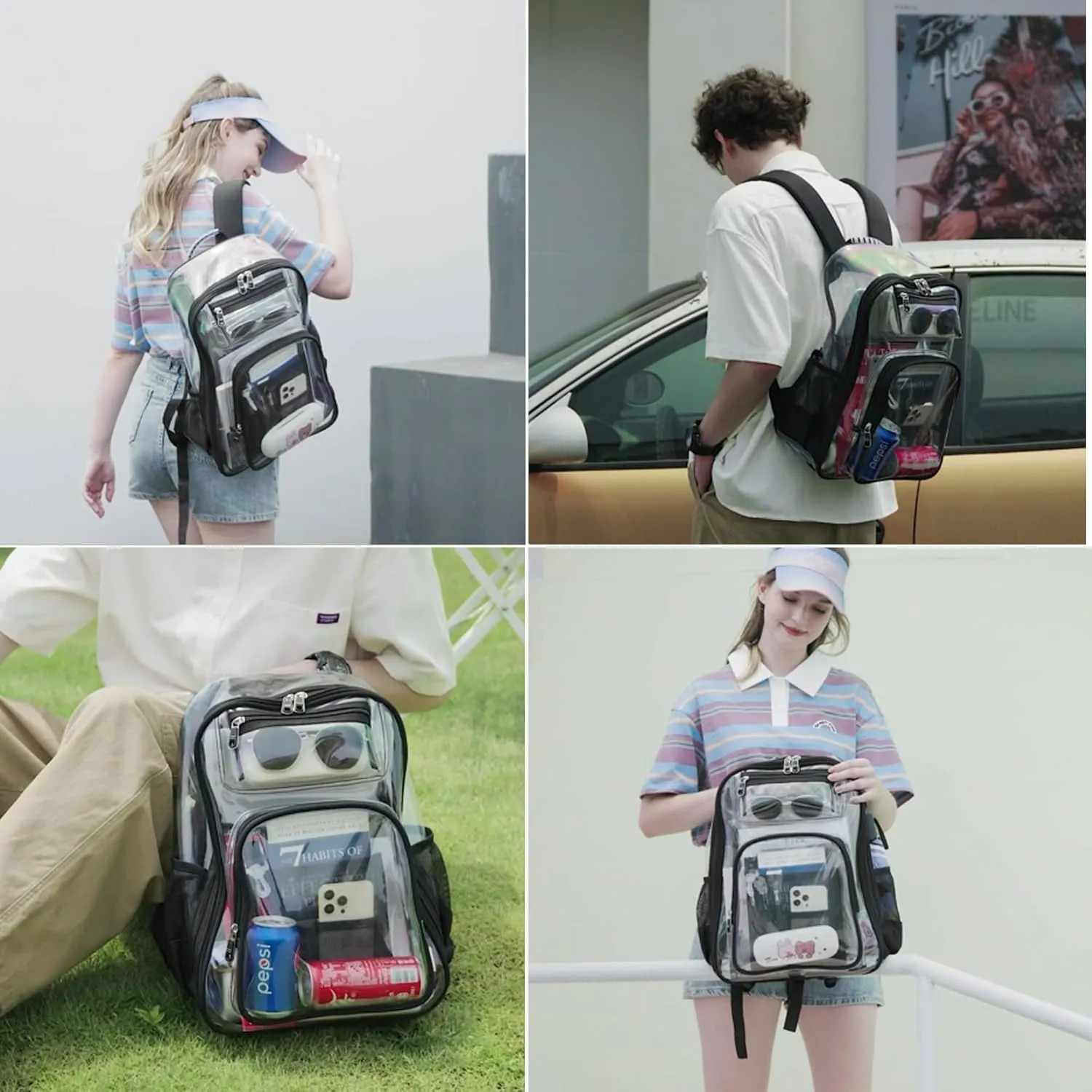 Clear Backpack Heavy Duty TPU，See Through School Backpack Stadium Approved，Quick Security Check See Through Backpacks Transparent Bookbag, Black