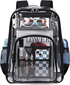 Clear Backpack Heavy Duty TPU，See Through School Backpack Stadium Approved，Quick Security Check See Through Backpacks Transparent Bookbag, Black