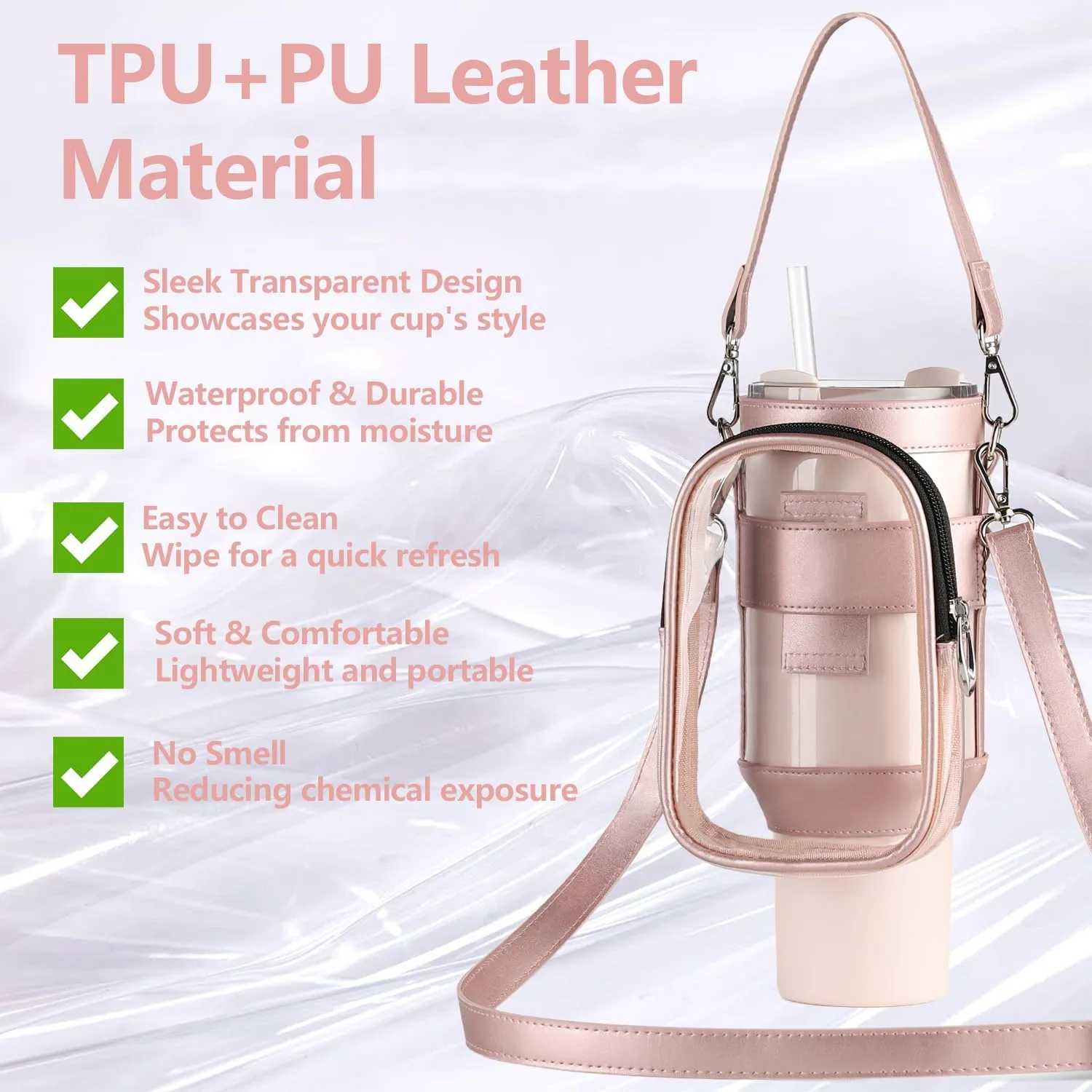 Clear Water Bottle Carrier Bag with Phone Pocket for Stanley Cup 40oz,with Adjustable Shoulder & Handheld Strap Stanley Cup Accessories Edging for Concert Sports (Pink)