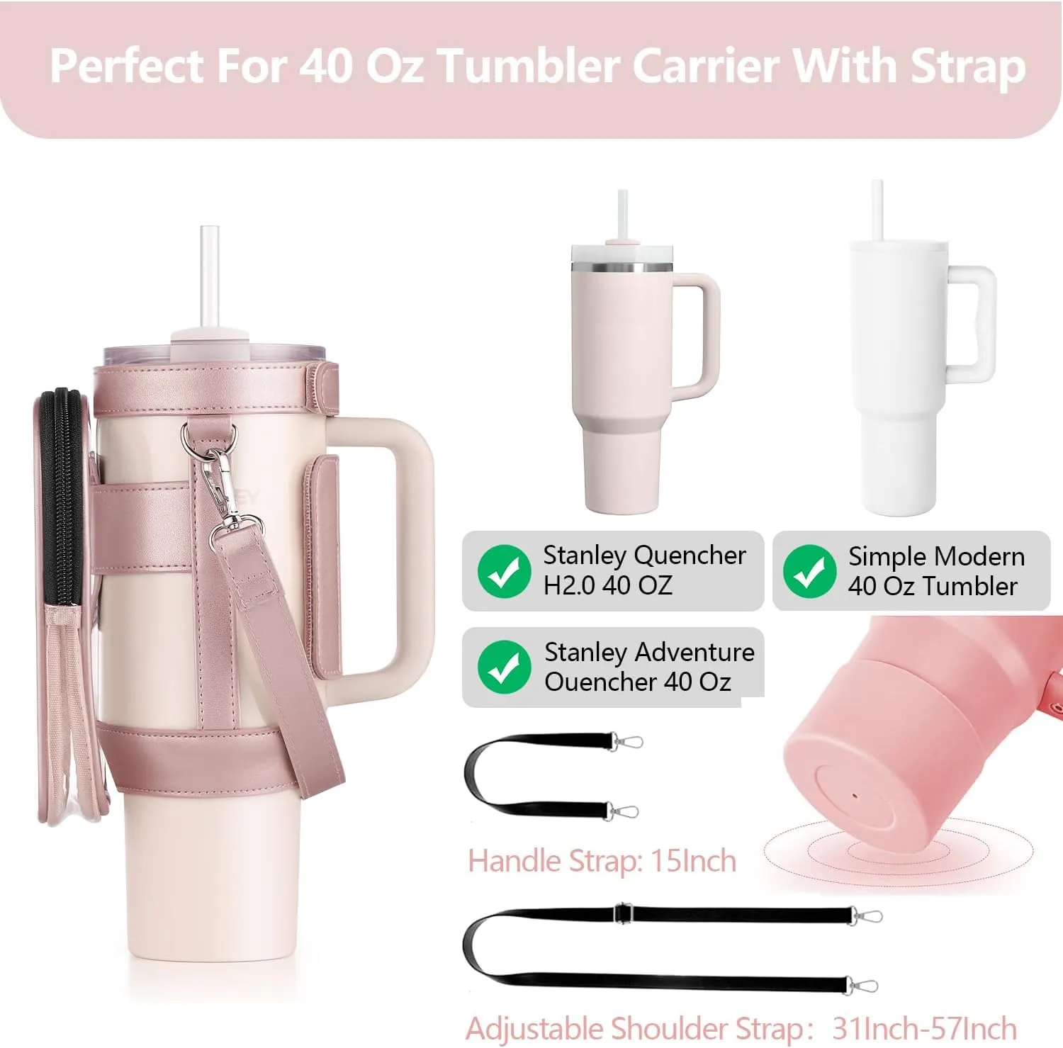 Clear Water Bottle Carrier Bag with Phone Pocket for Stanley Cup 40oz,with Adjustable Shoulder & Handheld Strap Stanley Cup Accessories Edging for Concert Sports (Pink)