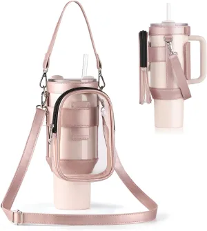 Clear Water Bottle Carrier Bag with Phone Pocket for Stanley Cup 40oz,with Adjustable Shoulder & Handheld Strap Stanley Cup Accessories Edging for Concert Sports (Pink)