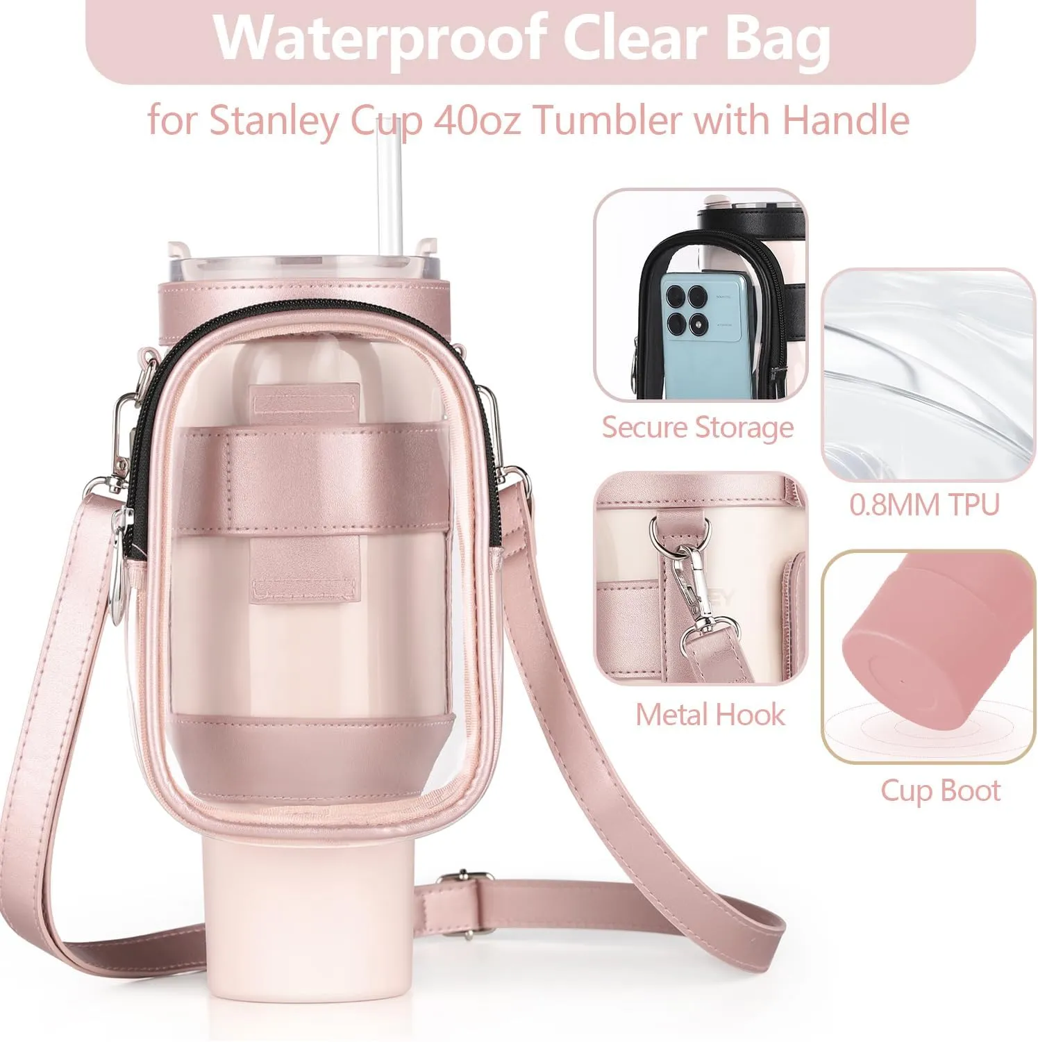 Clear Water Bottle Carrier Bag with Phone Pocket for Stanley Cup 40oz,with Adjustable Shoulder & Handheld Strap Stanley Cup Accessories Edging for Concert Sports (Pink)
