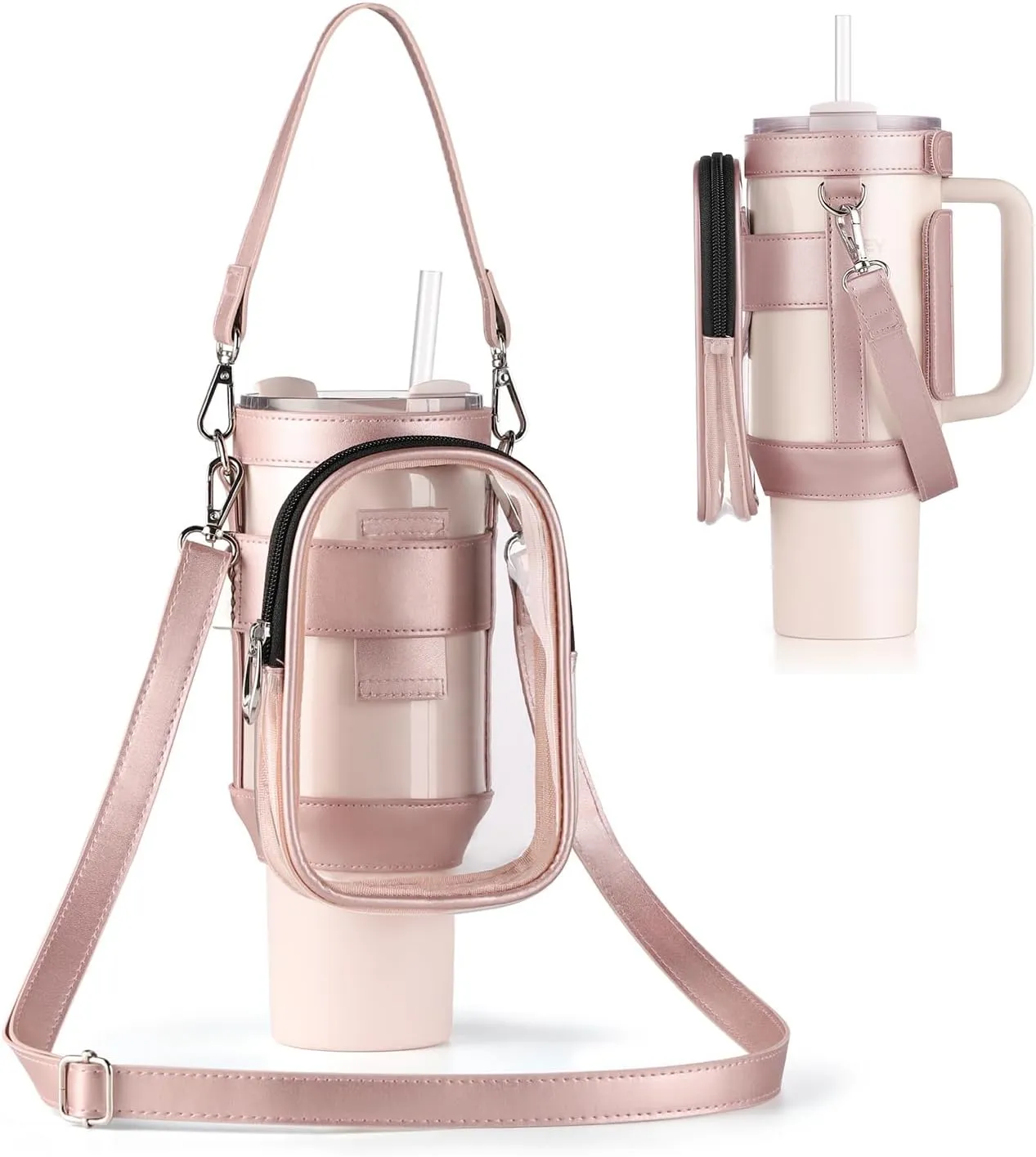 Clear Water Bottle Carrier Bag with Phone Pocket for Stanley Cup 40oz,with Adjustable Shoulder & Handheld Strap Stanley Cup Accessories Edging for Concert Sports (Pink)