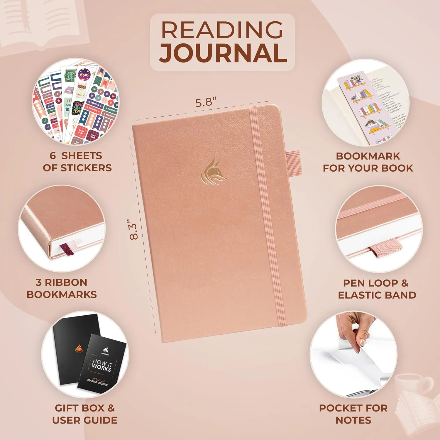 Clever Fox Reading Journal Premium – Review Log Notebook with Reading Tracker – Gifts & Accessories for Book Lovers, Adults & Kids (Rose Gold)