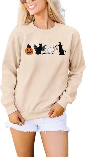 CM C&M WODRO Women Halloween Cats Sweatshirt Crewneck Long Sleeve Black Cat Shirt Spooky Season Funny Graphic Pullover Tops