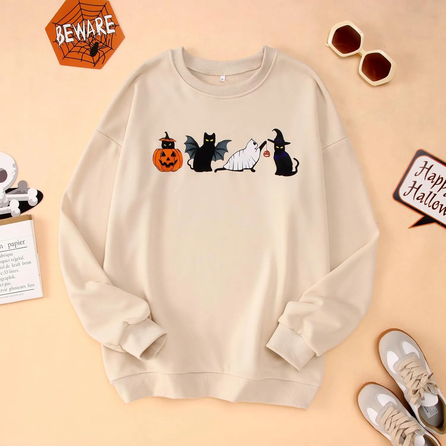 CM C&M WODRO Women Halloween Cats Sweatshirt Crewneck Long Sleeve Black Cat Shirt Spooky Season Funny Graphic Pullover Tops