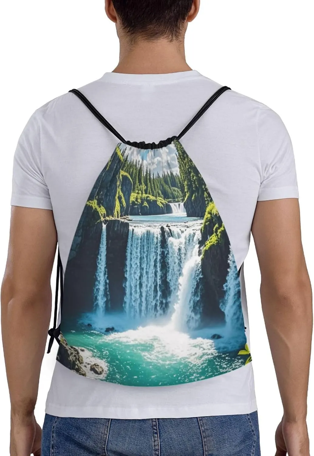 Coastal Cascade Print Drawstring Backpack, Sport Storage Polyester Bag for Women Men Gym, Travel Swimming