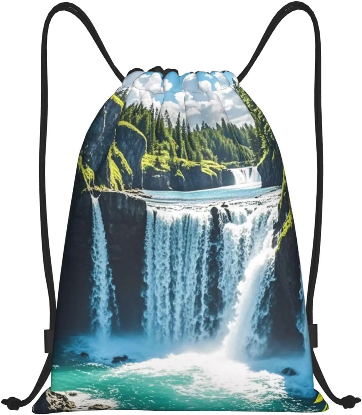 Coastal Cascade Print Drawstring Backpack, Sport Storage Polyester Bag for Women Men Gym, Travel Swimming
