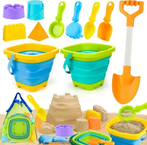 Collapsible Beach Toys for Kids Ages 4-8, Sand Toys for Toddlers Ages 3-4-8, Beach Toy Set with Collapsible Beach Buckets, Sandbox Toy for Kids with Castle Sand Mold and Large Shovels