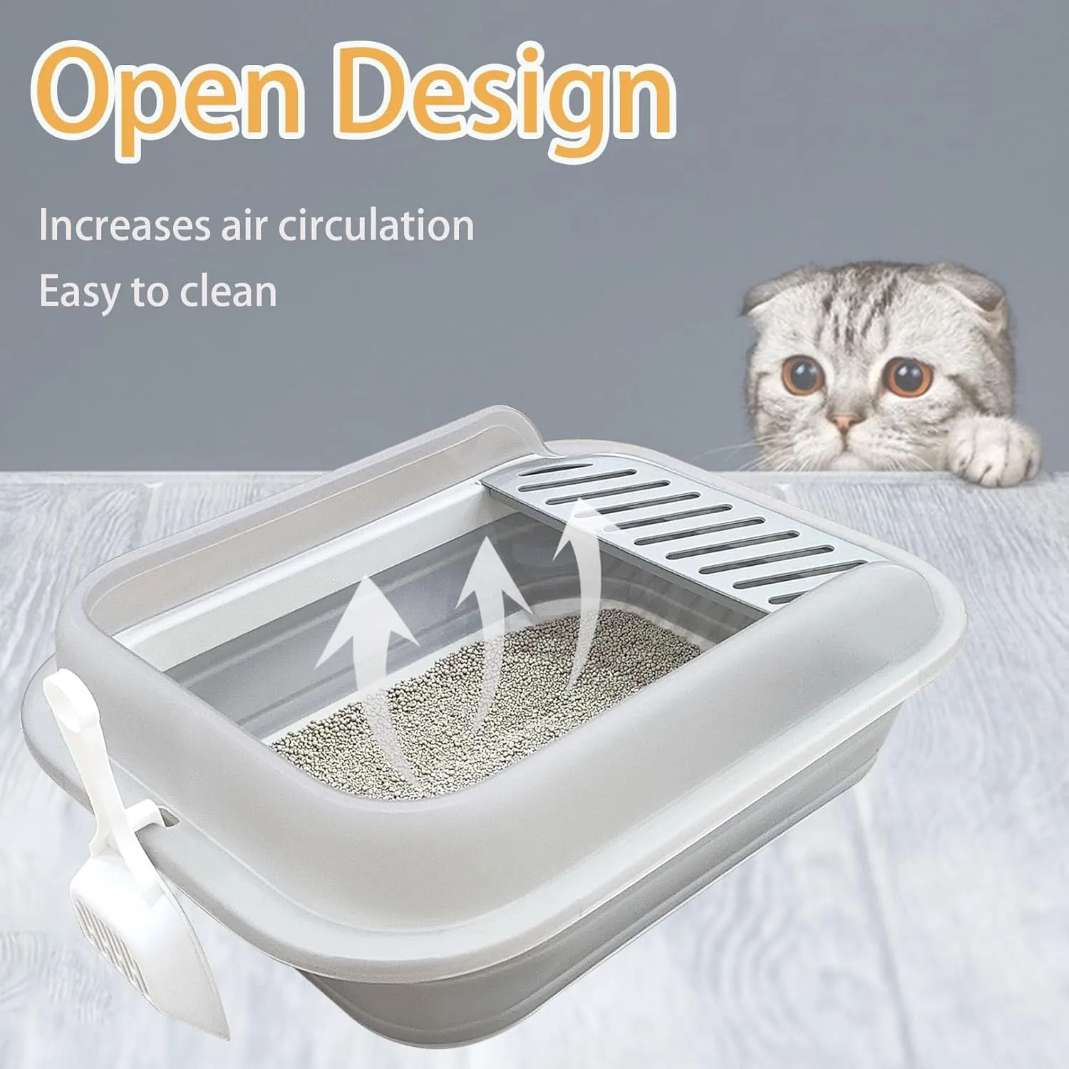Collapsible Kitten Litter Box, Open High Sided Cat Potty Pan with Scoop Shallow Cat Toilet Anti-Splashing Low Entrance Travel Litter Box with Falling Sand Pedal for Kitty to Senior Cats