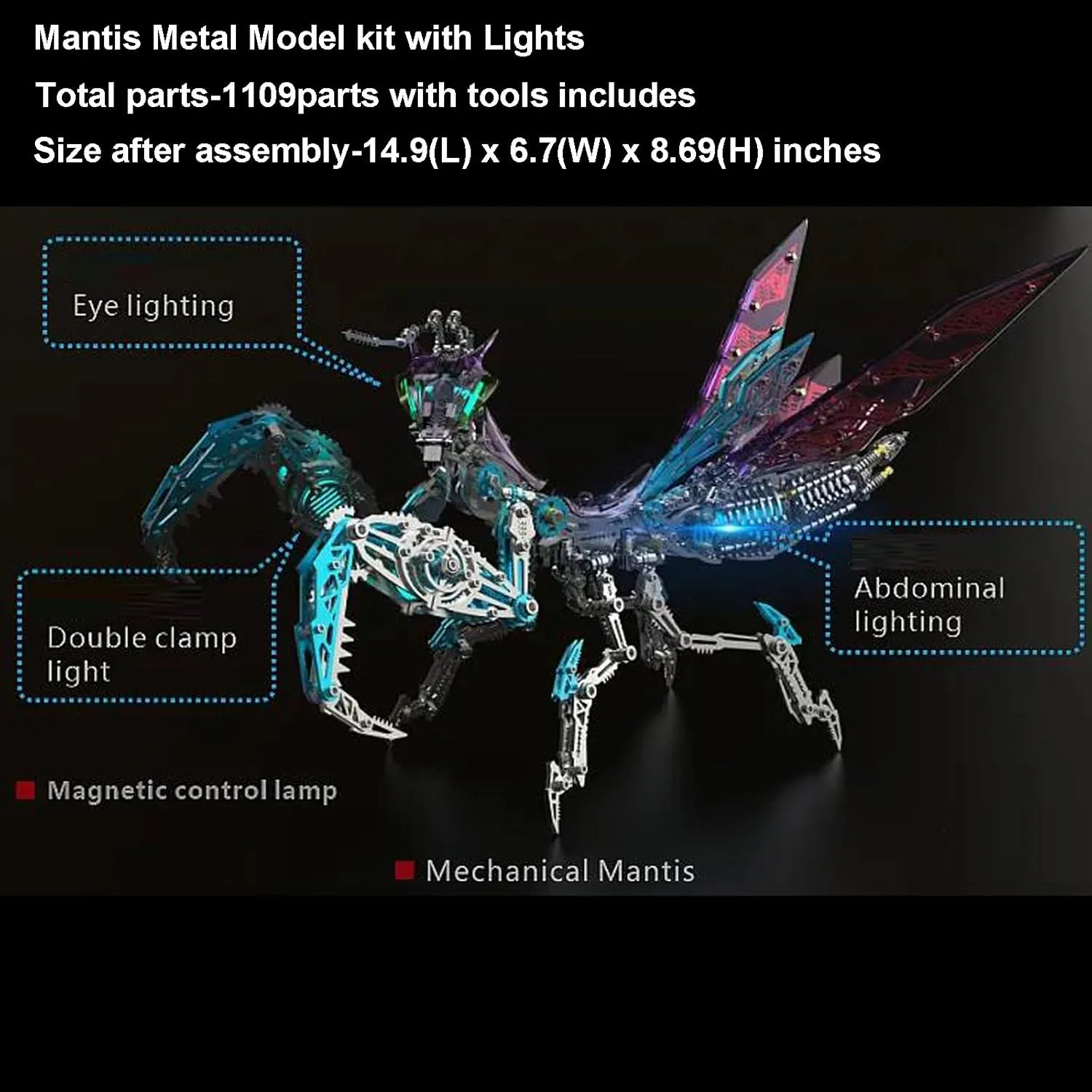 Colorful 3D Metal Puzzles for Adults Mantis Model with Light, DIY 3D Mechanical Mantis Metal Model Kits to Build for Adults with Tool, Desktop Building Toys for Adults/Teens (B)
