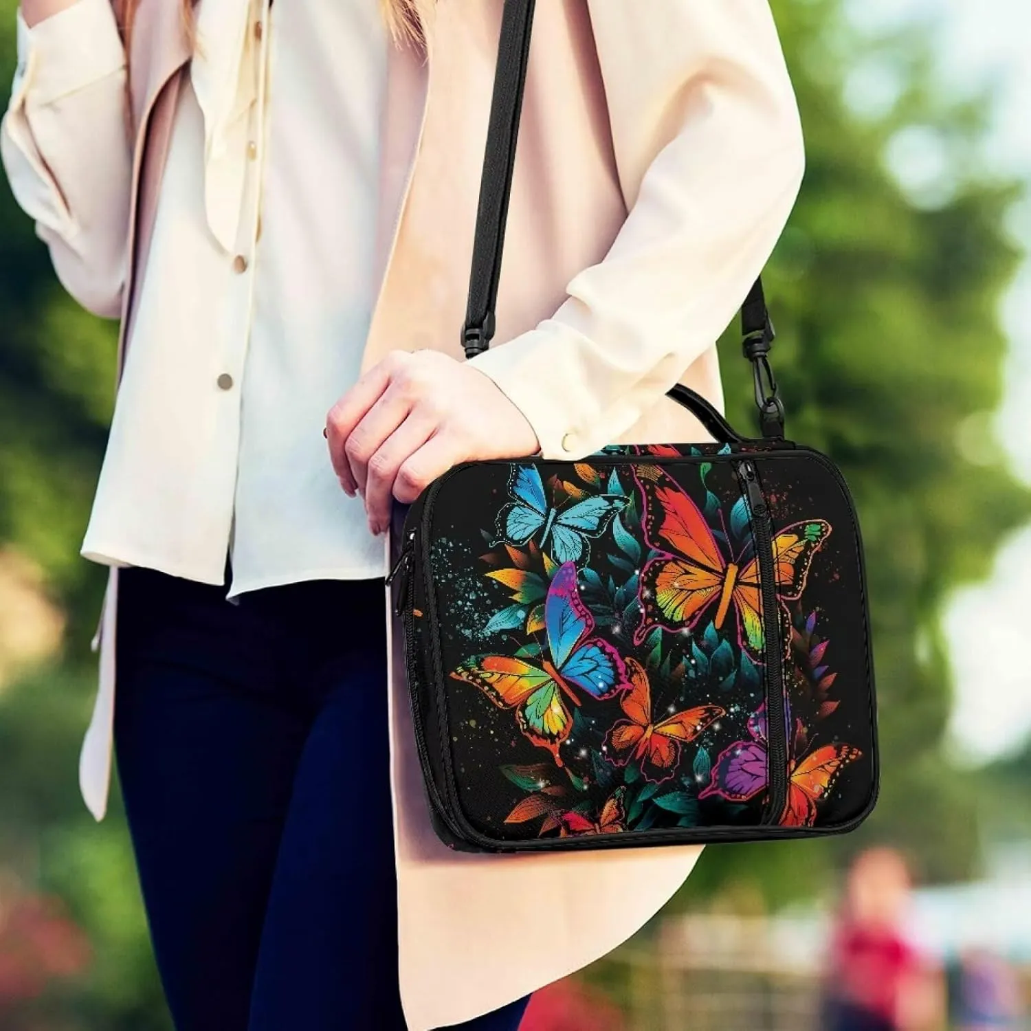 Colorful Butterfly Bible Cover with Shoulder Strap Gifts for Men Women Tote Bag with Zipper and Pockets Bote Book Carrier Pens and Tabs Organizer