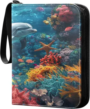 Colorful Coral Reefs Card Binder 4 Pocket Collectible Trading Card Albums with 50 Sleeves Double Side PU Waterproof 3 Ring for Sports & Game Cards