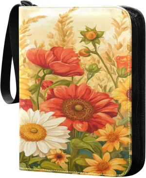 Colorful Flowers Card Binder 4 Pocket, PU Cover Zipper Card Collection Album, PU Cover Card Collection Binder for 400 Cards