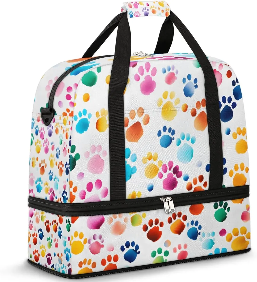 Colorful Footprint Dog Travel Duffel Bag for Women Men Weekender Overnight Bag with Shoe Compartment Foldable Sports Gym Luggage Bag