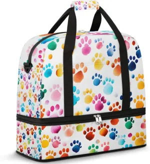 Colorful Footprint Dog Travel Duffel Bag for Women Men Weekender Overnight Bag with Shoe Compartment Foldable Sports Gym Luggage Bag