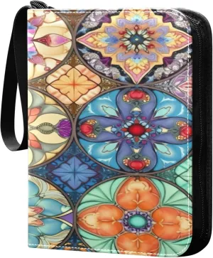 Colorful Oriental Textile Tile Card Binder 4 Pocket Collectible Trading Card Albums with 50 Sleeves Double Side PU Waterproof 3 Ring for Sports & Game Cards