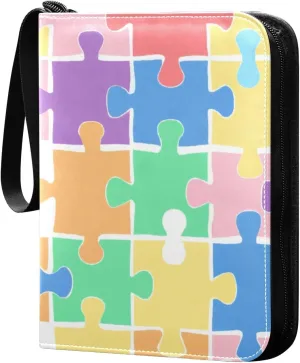 Colorful Puzzle Pieces Card Binder 4 Pocket, PU Cover Zipper Card Collection Album, PU Cover Card Collection Binder for 400 Cards