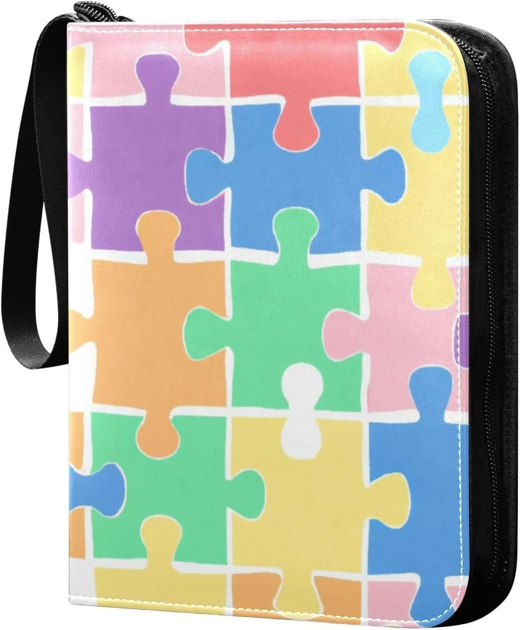 Colorful Puzzle Pieces Card Binder 4 Pocket, PU Cover Zipper Card Collection Album, PU Cover Card Collection Binder for 400 Cards