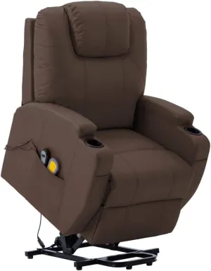 Comfortable Stand Up Massage Chair with Vibrating Function, Adjustable Headrest, and Cup Holders, Brown Faux Leather