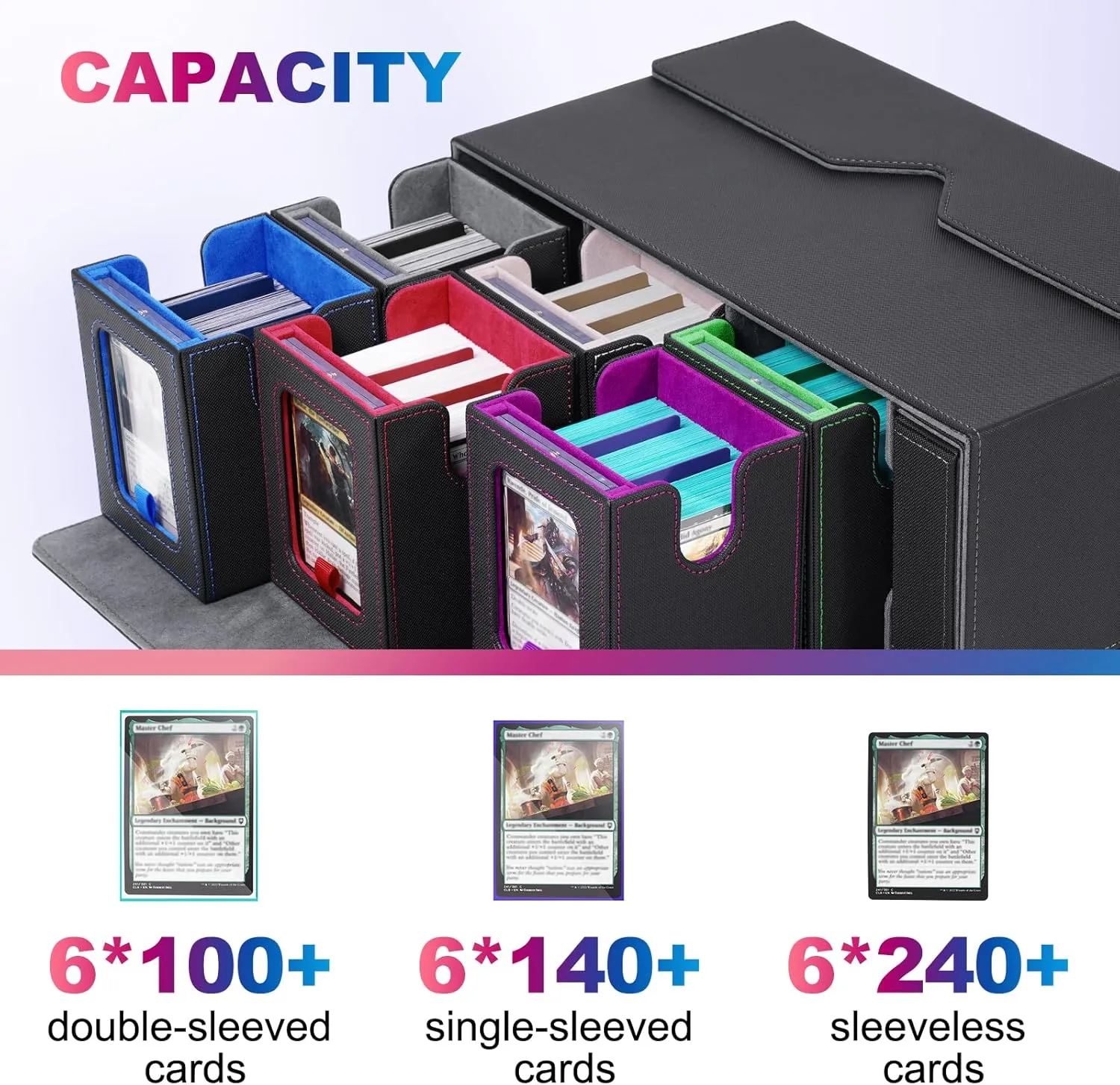 Commander Deck Box for MTG, 6-Deck Modular Card Case with Dice Tray Hold 600  Double-sleeved Cards, Removable Trading Cards Storage Box with 35PT Magnetic Card Holders for TCG, Multicolour