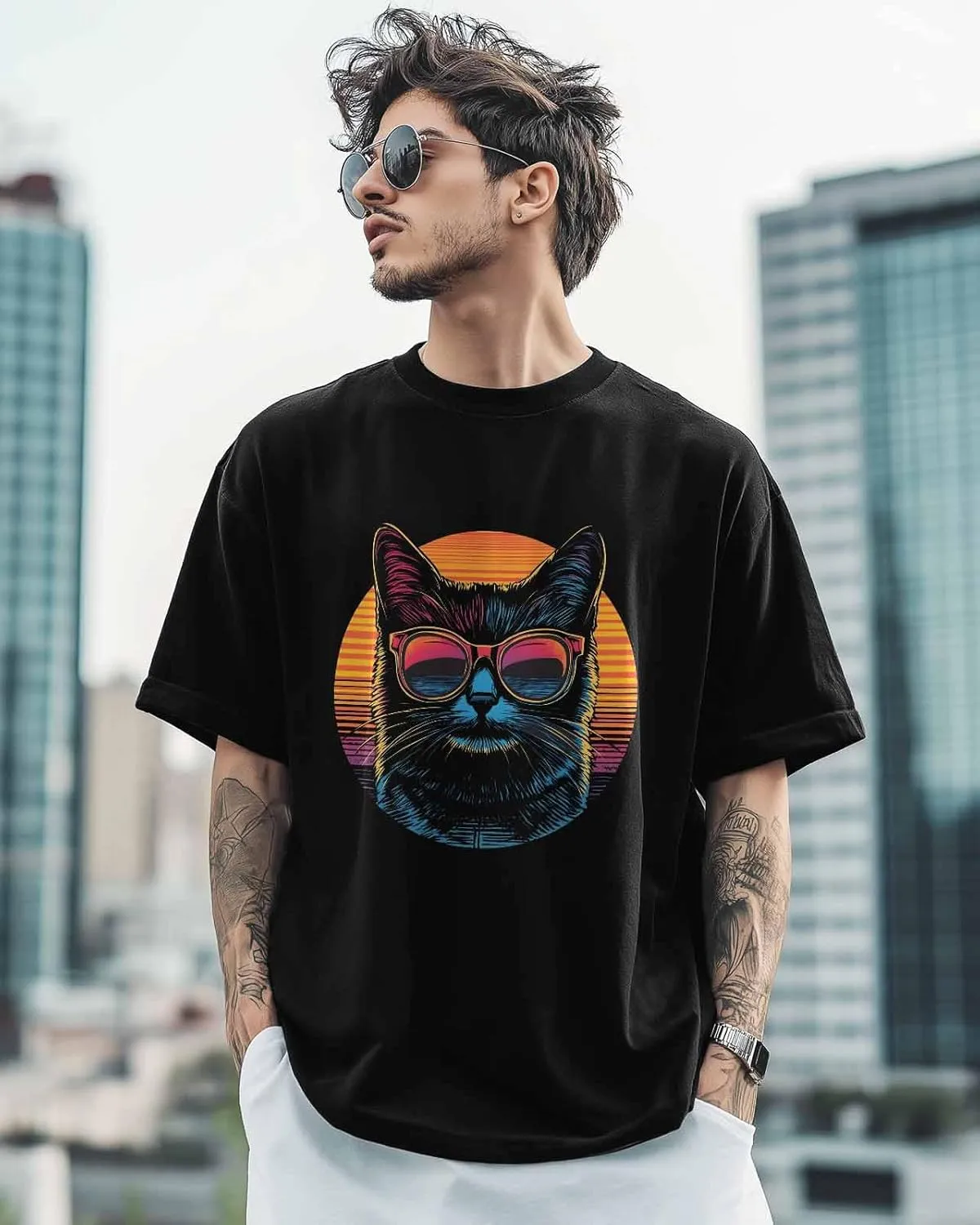 Cool Cat Sunglasses Crew Neck Men's T-Shirts,Short Sleeve Shirts for Women Men,Cat Orange Stripes Workout Tee Tops S-3XL